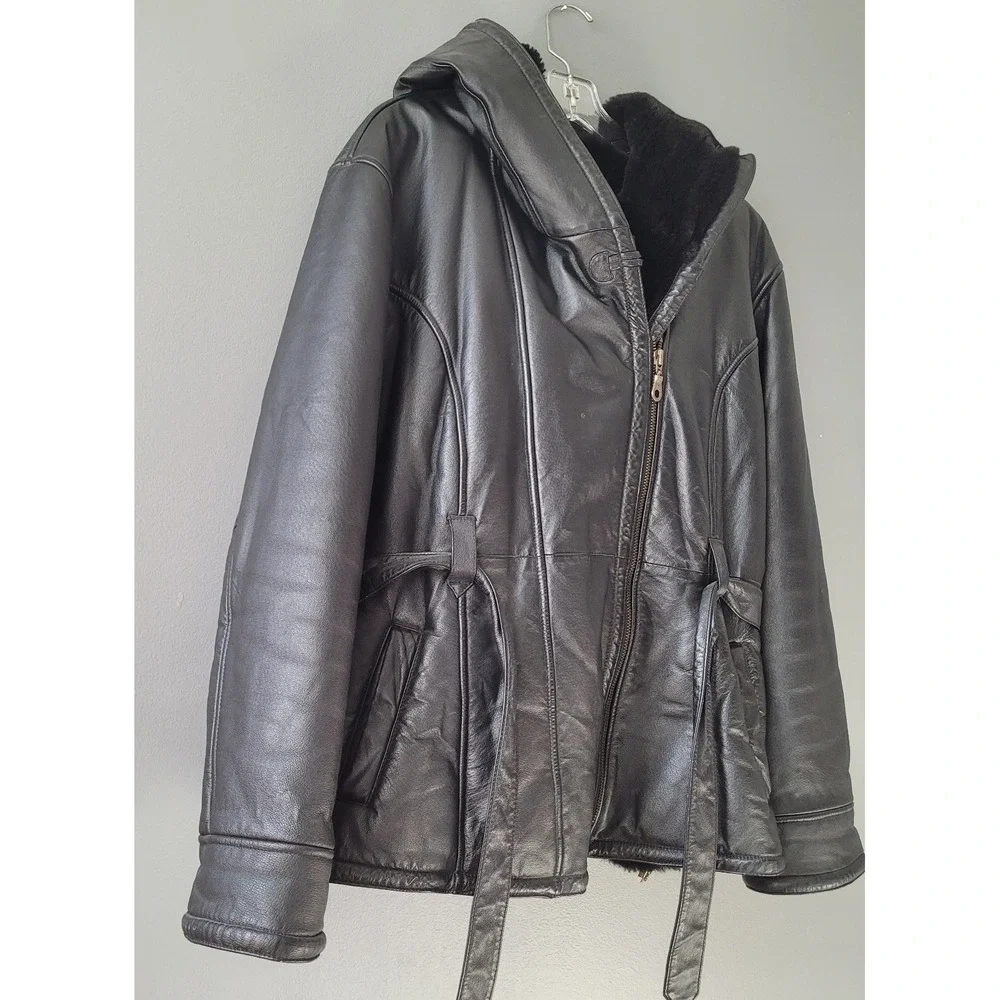 Wilsons Leather Women's Black Tie Waist Zipper Leather Faux Fur Coat Sz L W/Hood - Picture 7 of 14